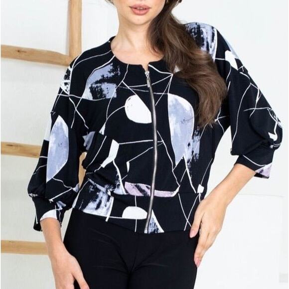 Women's Front Zip Copped Jacket Size M Abstract Black Print NWT Artex Fashions - Picture 2 of 5